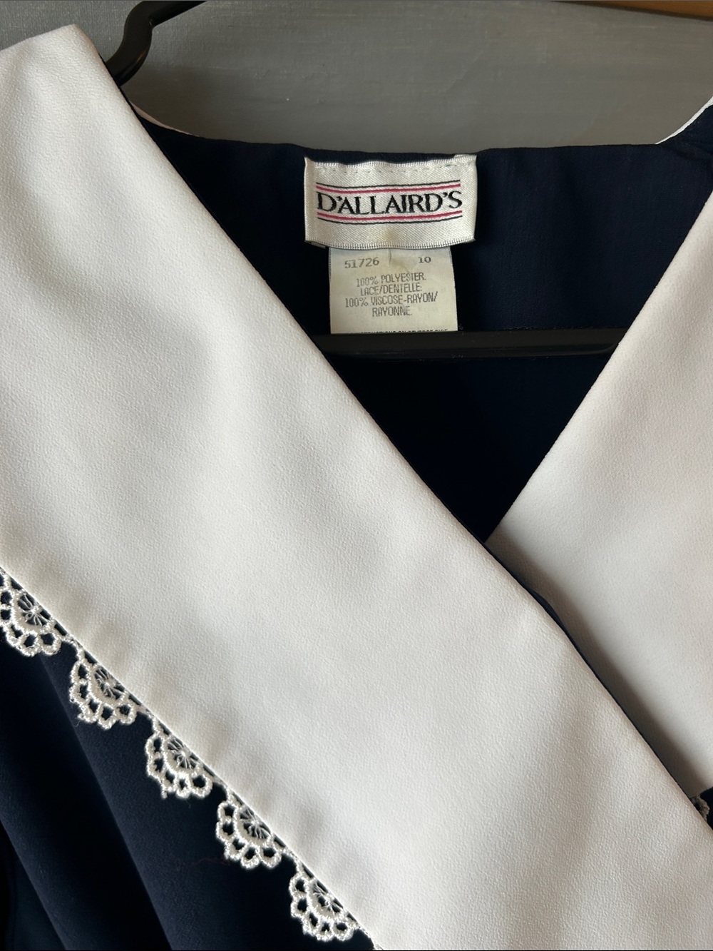 Vintage Navy Sailor Collar Dress • Lace Trim • Belted Wrap Style • Cottagecore - Picture 3 of 11